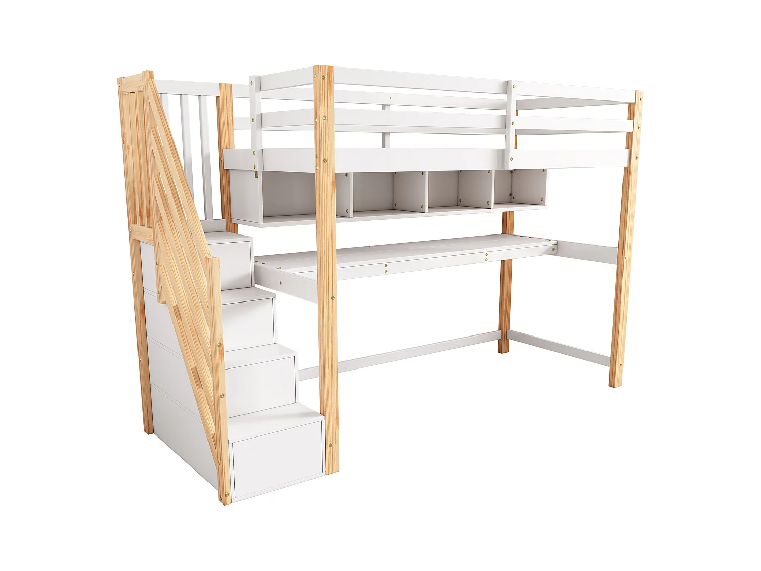 Houten tussenbed 90x200cm - met opbergtrap + bureau + lattenbodem - Wit & Naturel