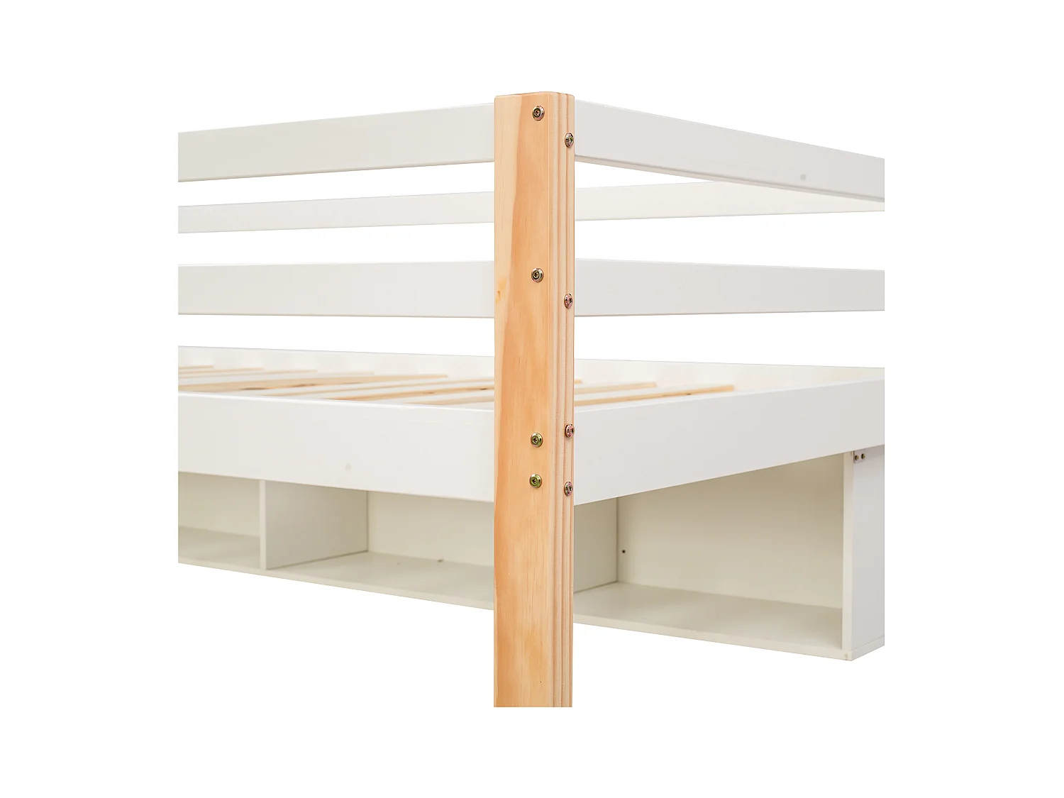 Houten tussenbed 90x200cm - met opbergtrap + bureau + lattenbodem - Wit & Naturel