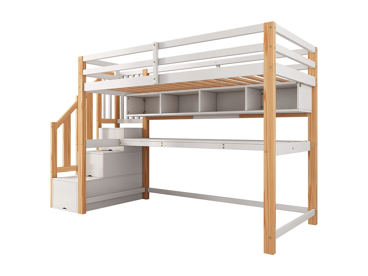 90 x 200 cm großes Hochbett aus Holz – mit Stauraumtreppe + Schreibtisch + Lattenrost – Weiß und Natur