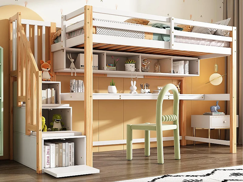 Lit mezzanine 90x200cm en bois - avec escalier de rangement + bureau + sommier à lattes - Blanc & Naturel