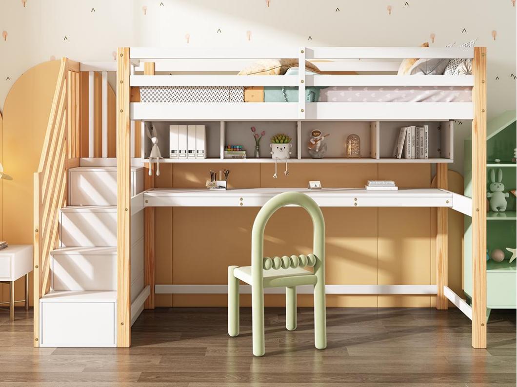 Letto soppalco in legno 90x200 cm - con scala contenitore + scrivania + rete a doghe - Bianco e Naturale
