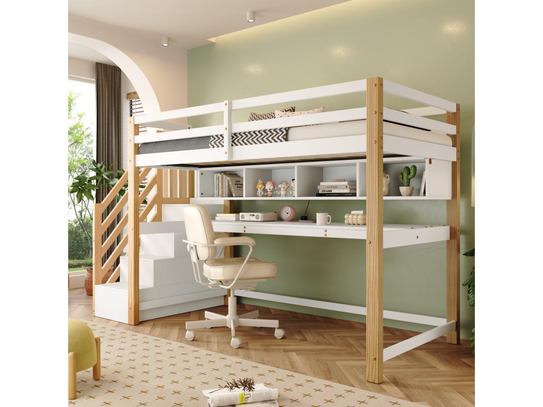 Houten tussenbed 90x200cm - met opbergtrap + bureau + lattenbodem - Wit & Naturel