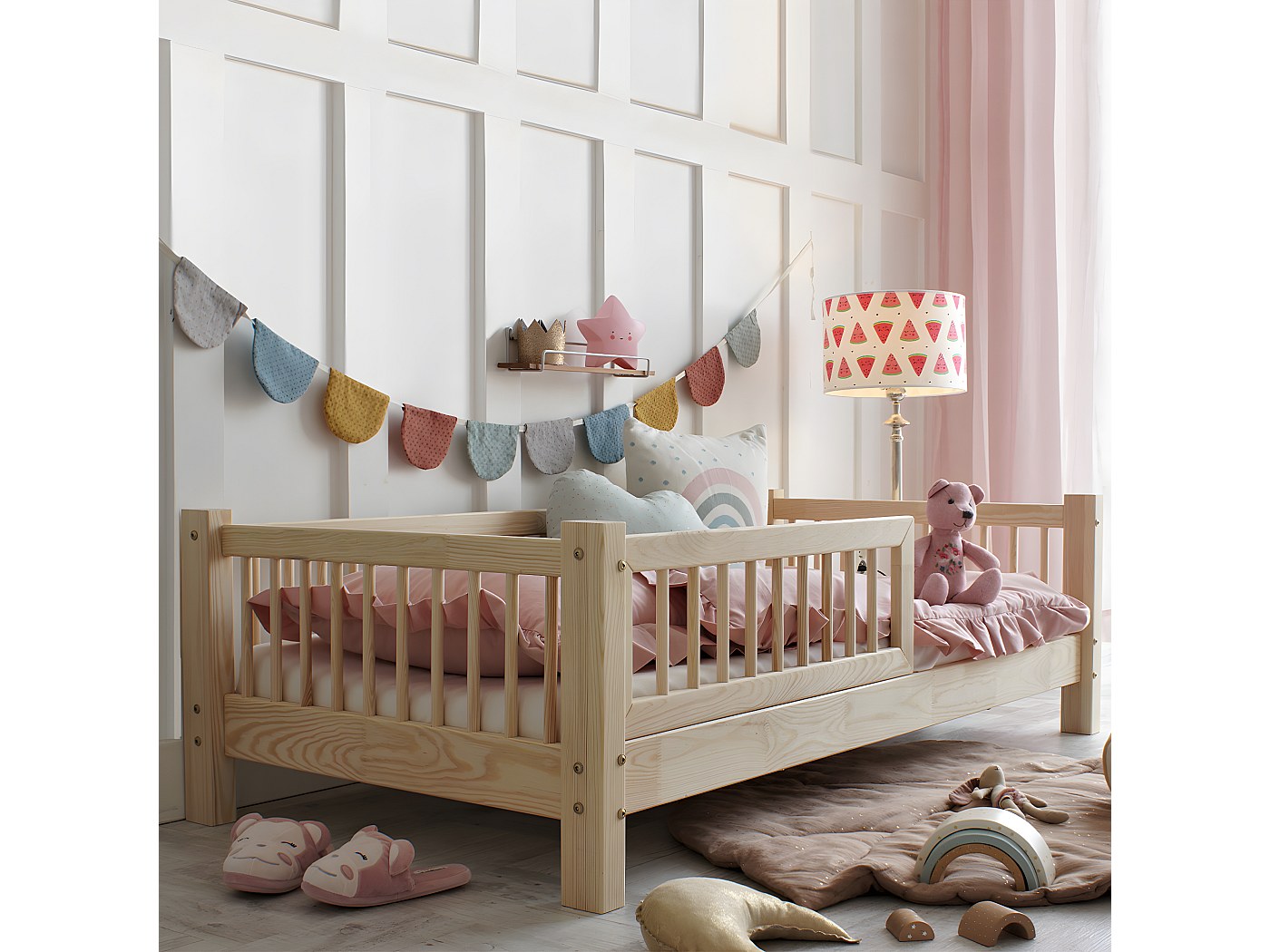Lit 90x190 barrière et sommier inclus pieds 10 cm Adèle Bois