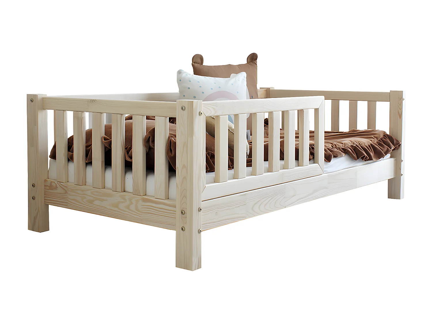 Cama 90x190 con barandilla y somier patas de 10 cm Agnès Madera