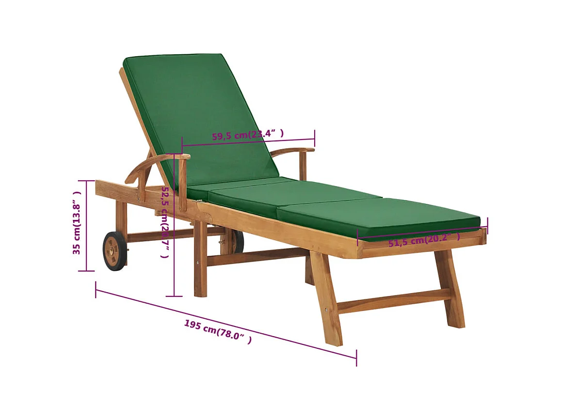 Espreguiçadeira espreguiçadeira para banhos de sol cama de jardim terraço móveis de exterior com almofada madeira maciça de teca verde 02_0012432