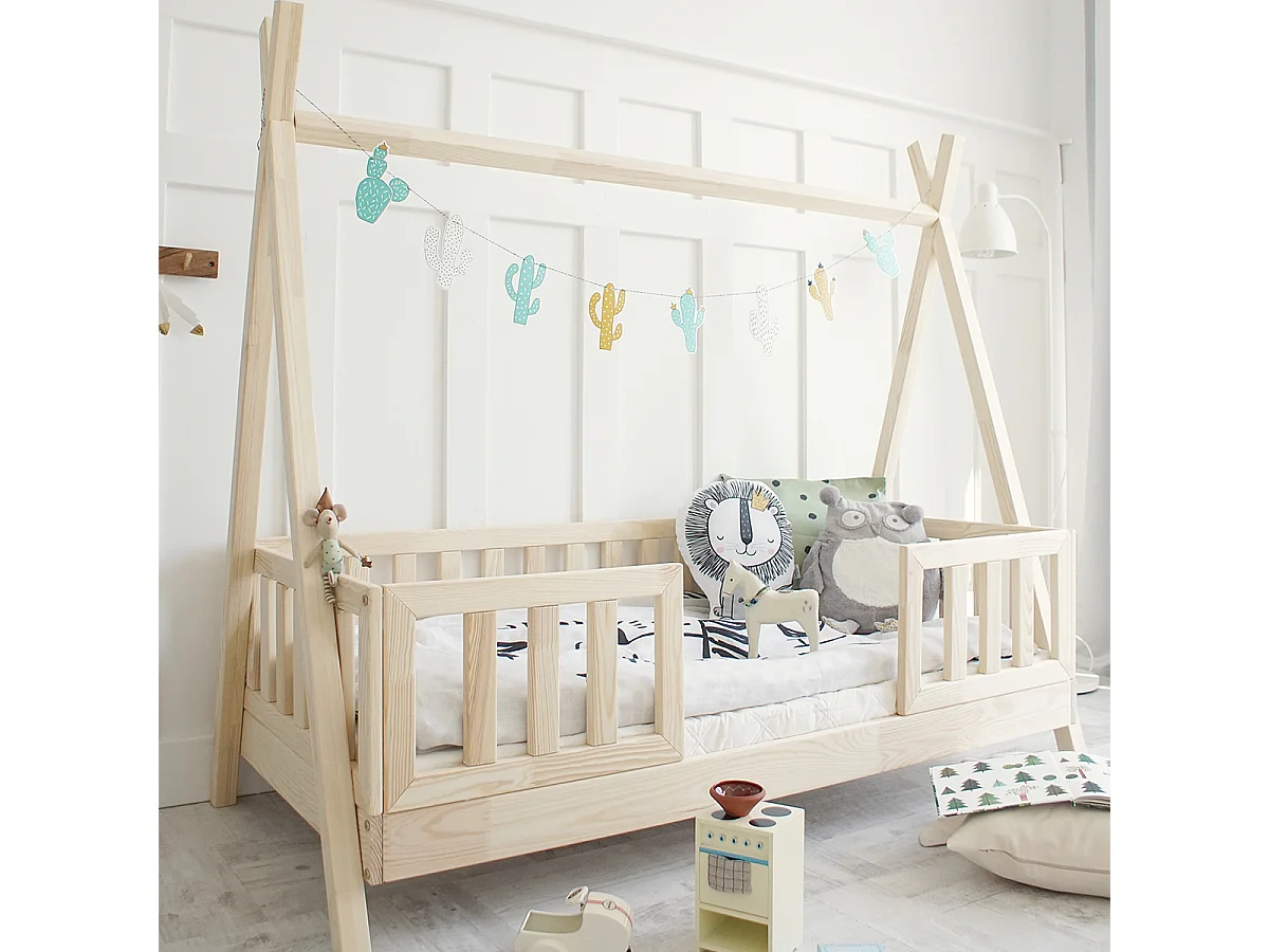 Cama de cabana 90x190 incluindo calhas e estrado de molas com pés de 10 cm Thaïs Bois