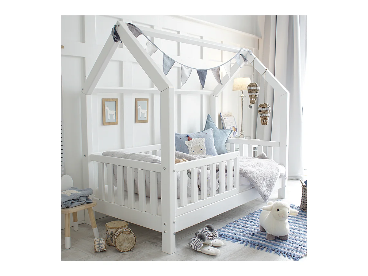 Letto a castello 90x190 con barriera e rete a doghe con gambe da 10 cm Daisy White