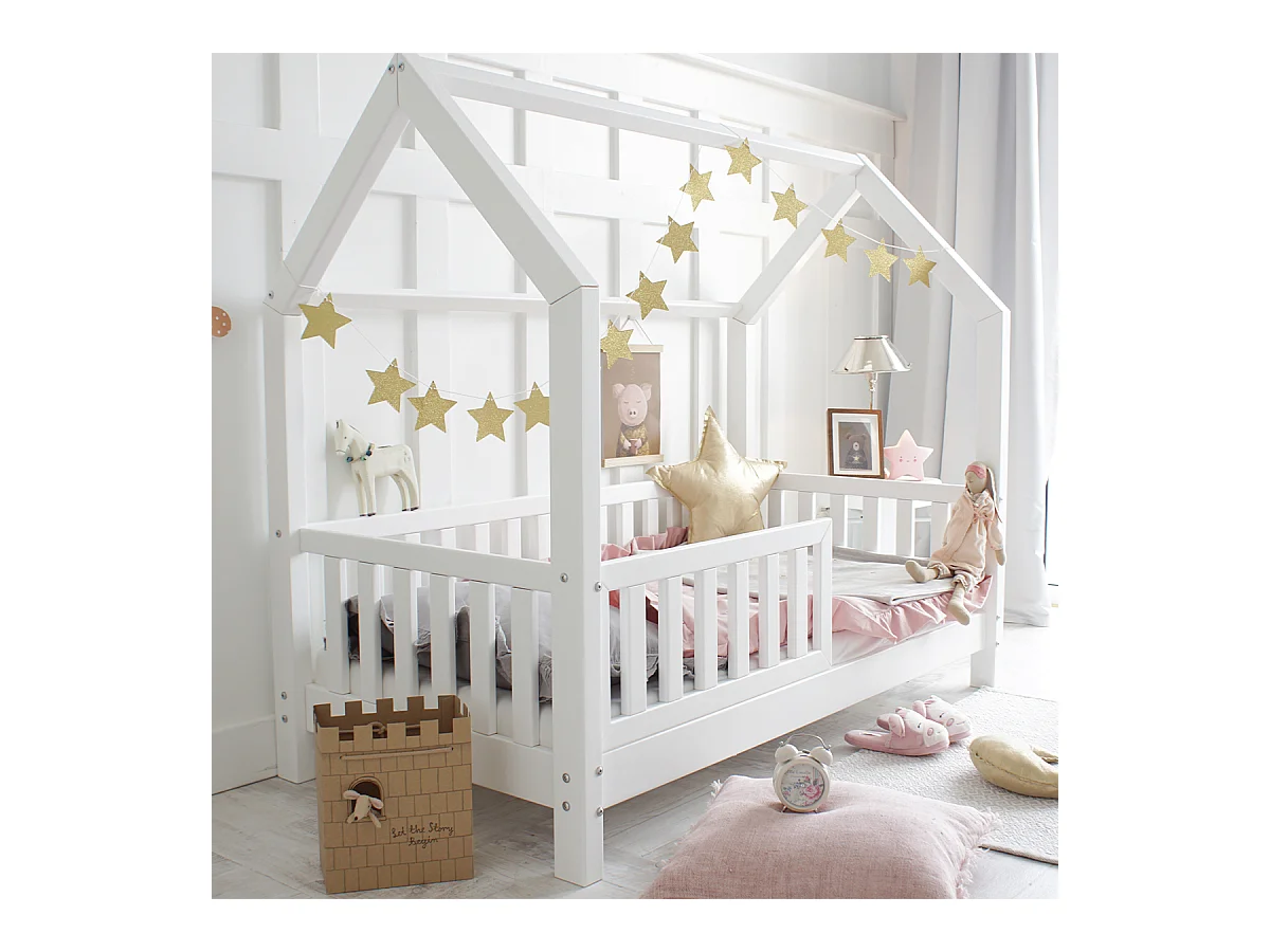 Letto a castello 90x190 con barriera e rete a doghe con gambe da 10 cm Daisy White