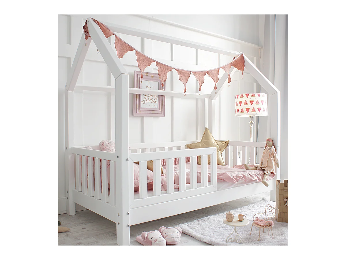 Letto a castello 90x190 con barriera e rete a doghe con gambe da 10 cm Daisy White