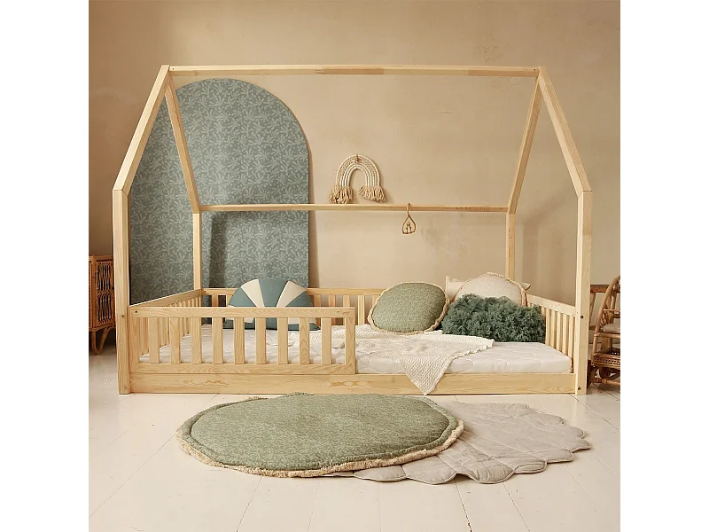 Lit cabane 140x200 barrière et sommier inclus pieds 1 cm Daisy Bois