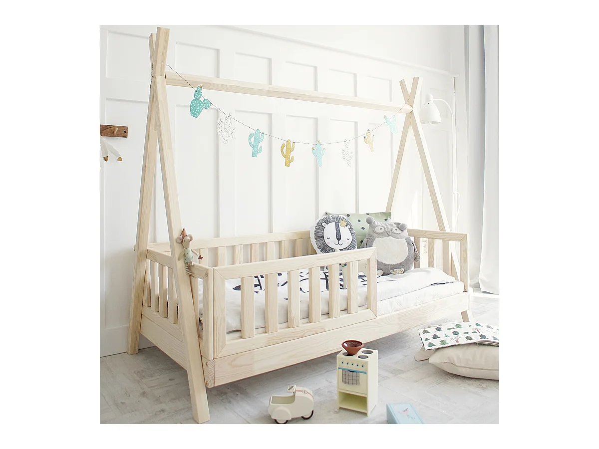 Lit cabane 90x190 barrière et sommier inclus pieds 10 cm Thaïs Bois