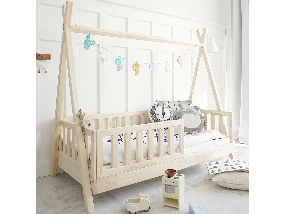 Lit cabane 90x190 barrière et sommier inclus pieds 10 cm Thaïs Bois