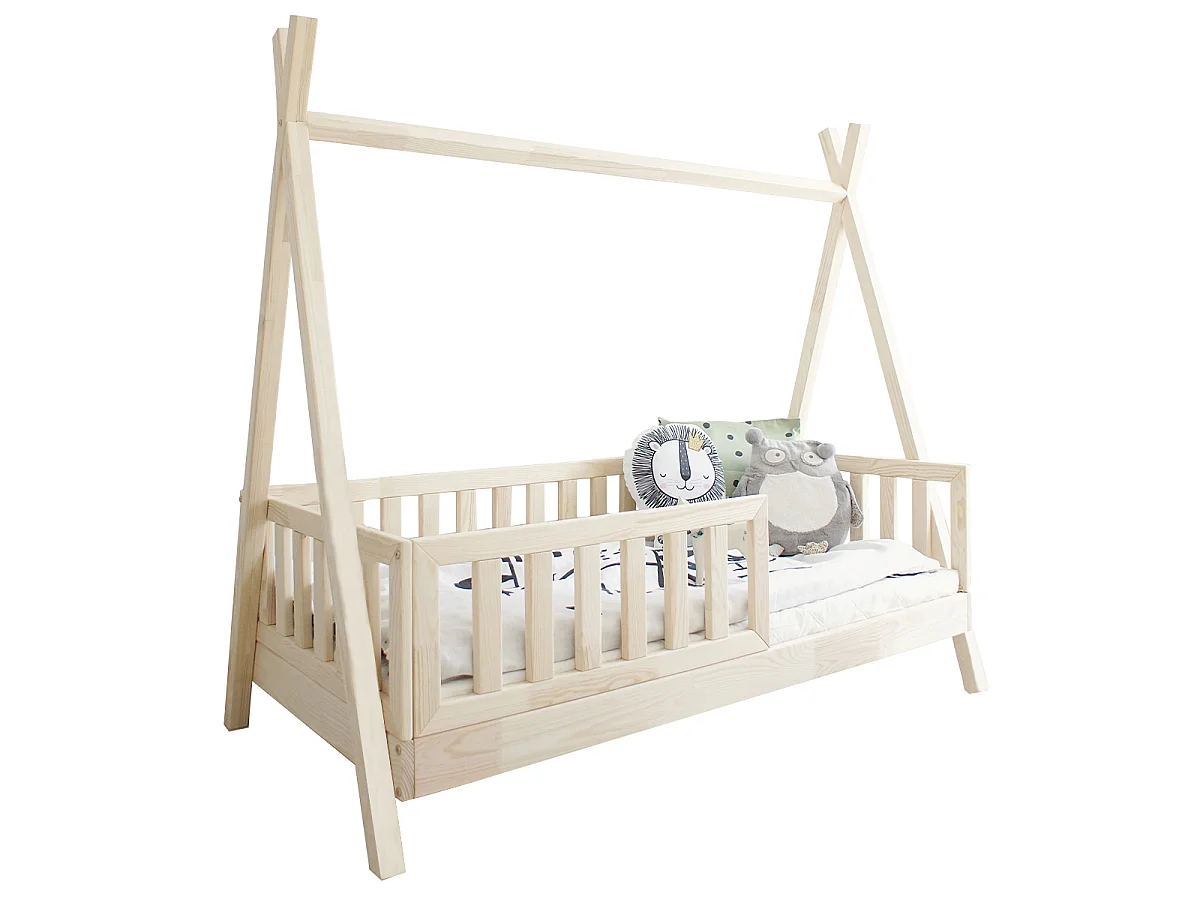 Lit cabane 90x190 barrière et sommier inclus pieds 10 cm Thaïs Bois