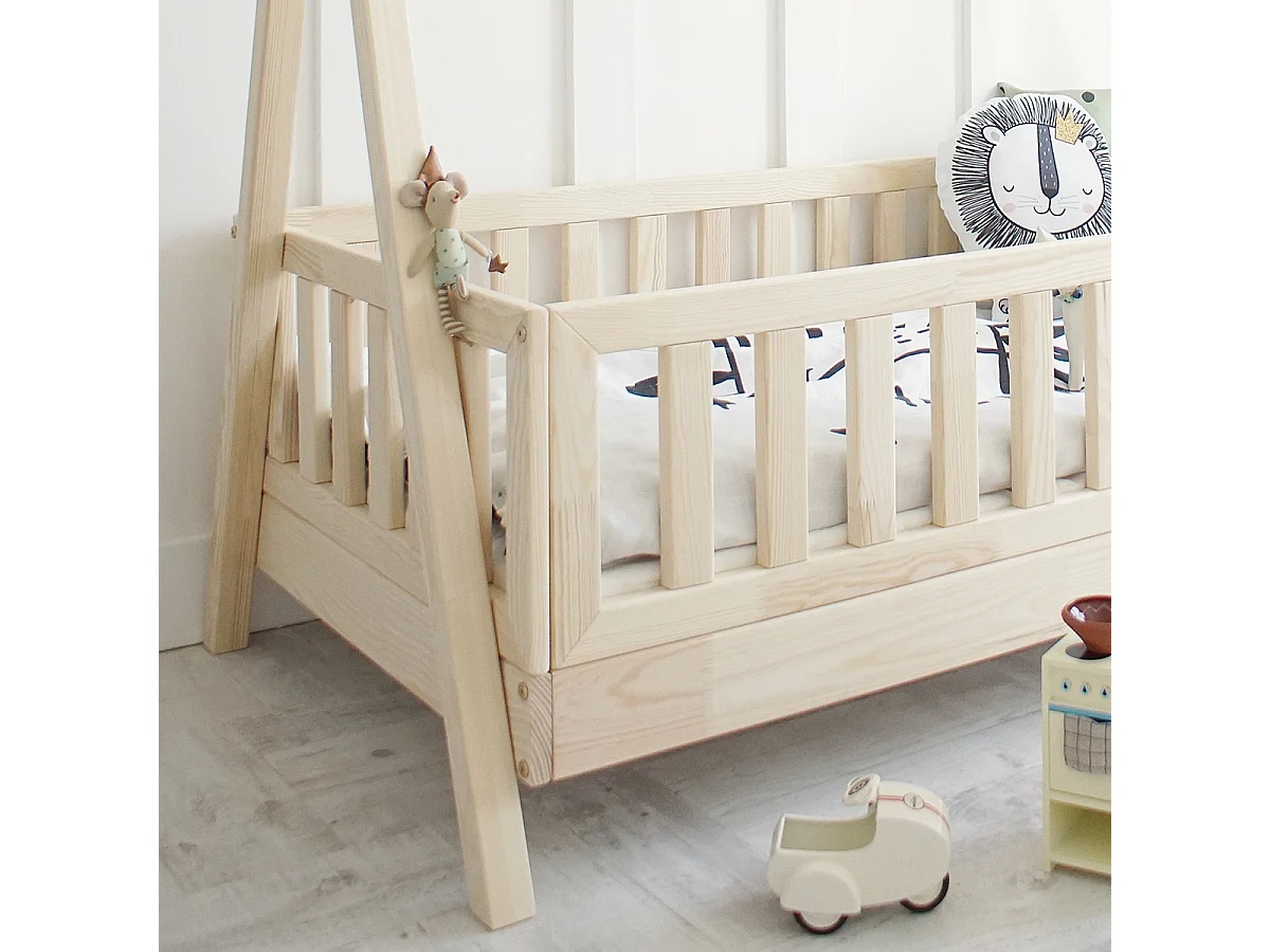 Lit cabane 90x190 barrière et sommier inclus pieds 10 cm Thaïs Bois