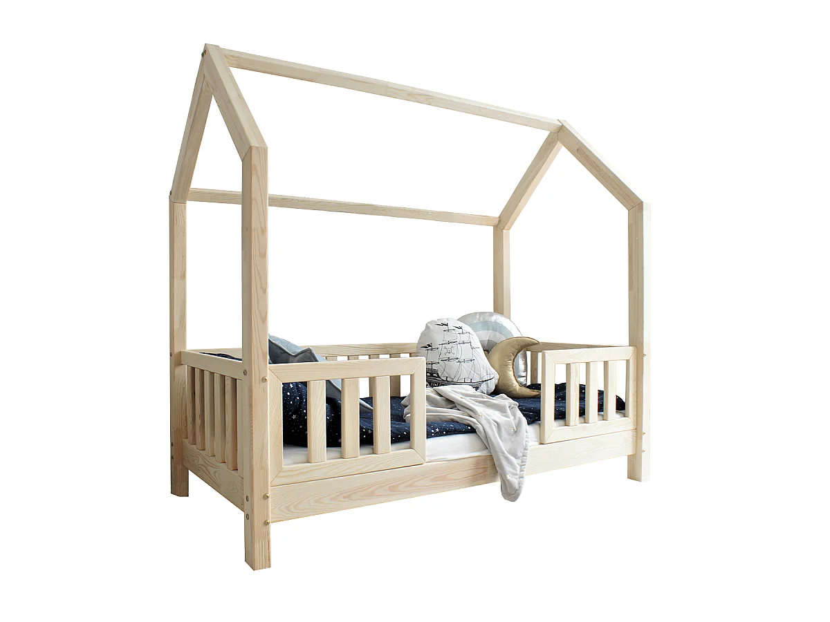 Cama cabaña 90x190 con barandilla y somier patas de 10 cm Daisy Madera