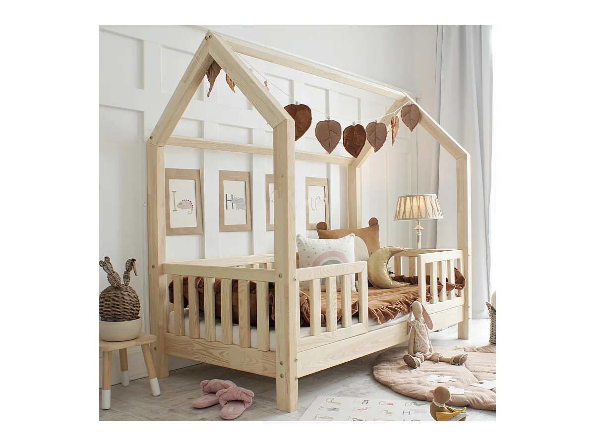 Cama cabaña 90x190 con barandilla y somier patas de 10 cm Daisy Madera