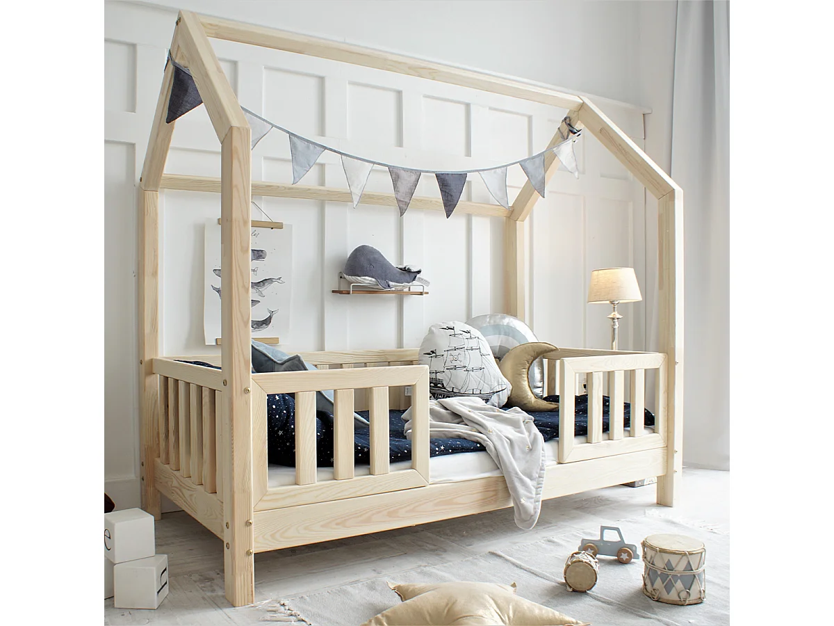 Lit cabane 90x190 barrières et sommier inclus pieds 10 cm Daisy Bois