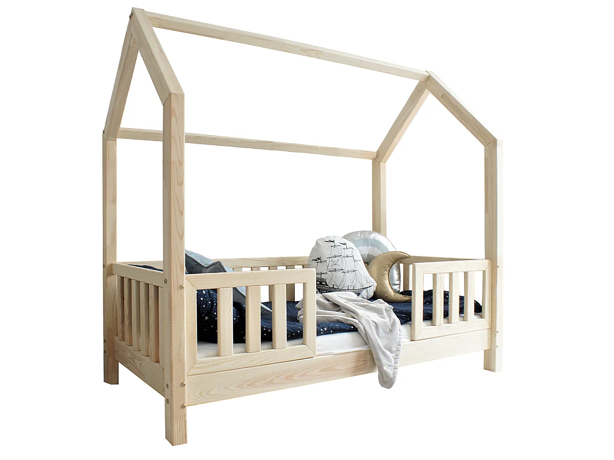 Lit cabane 90x190 barrières et sommier inclus pieds 10 cm Daisy Bois