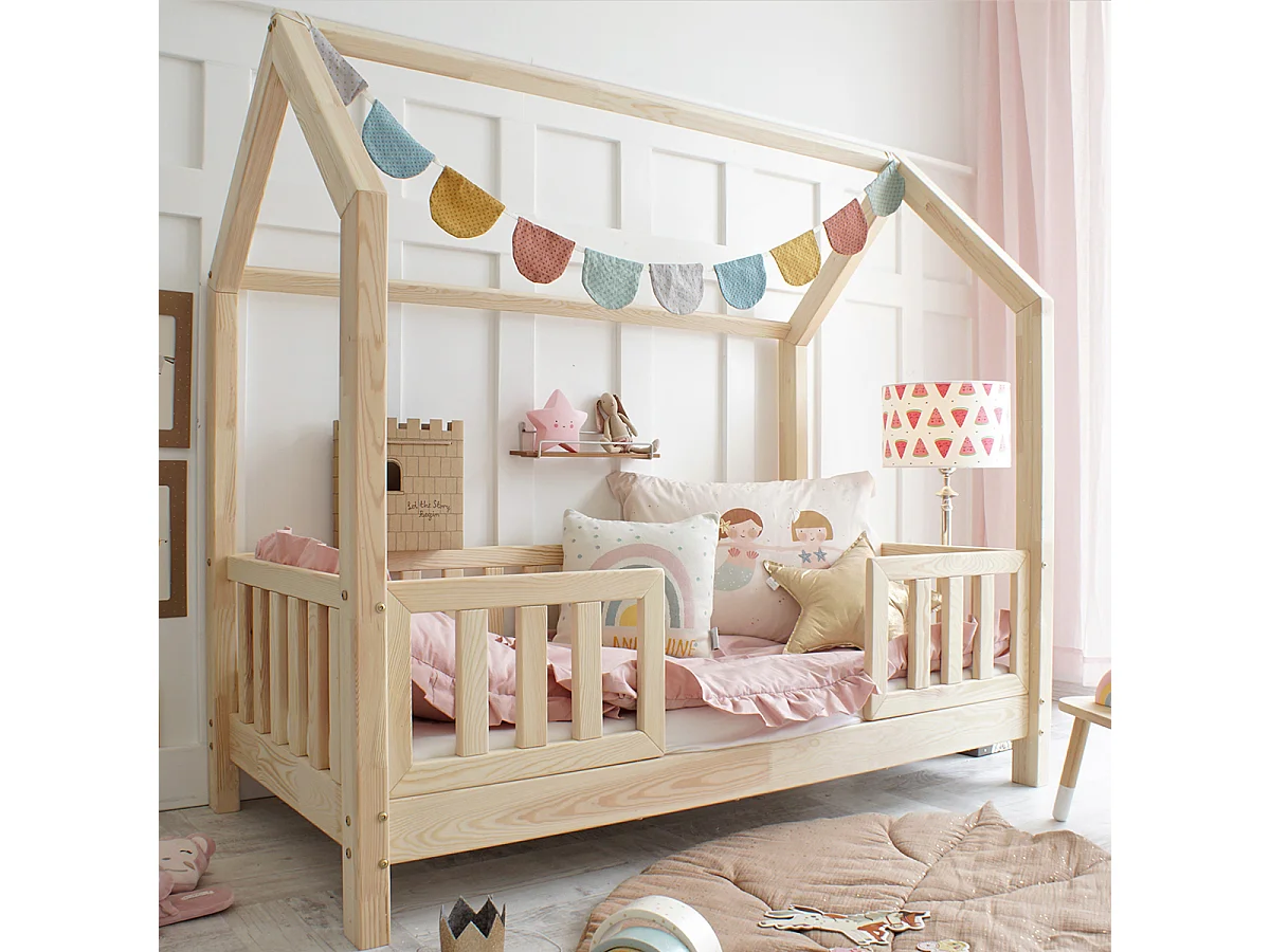 Lit cabane 90x190 barrières et sommier inclus pieds 10 cm Daisy Bois