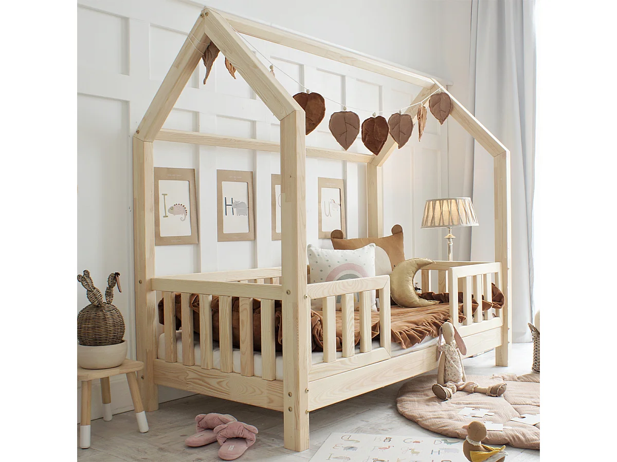 Lit cabane 90x190 barrières et sommier inclus pieds 10 cm Daisy Bois