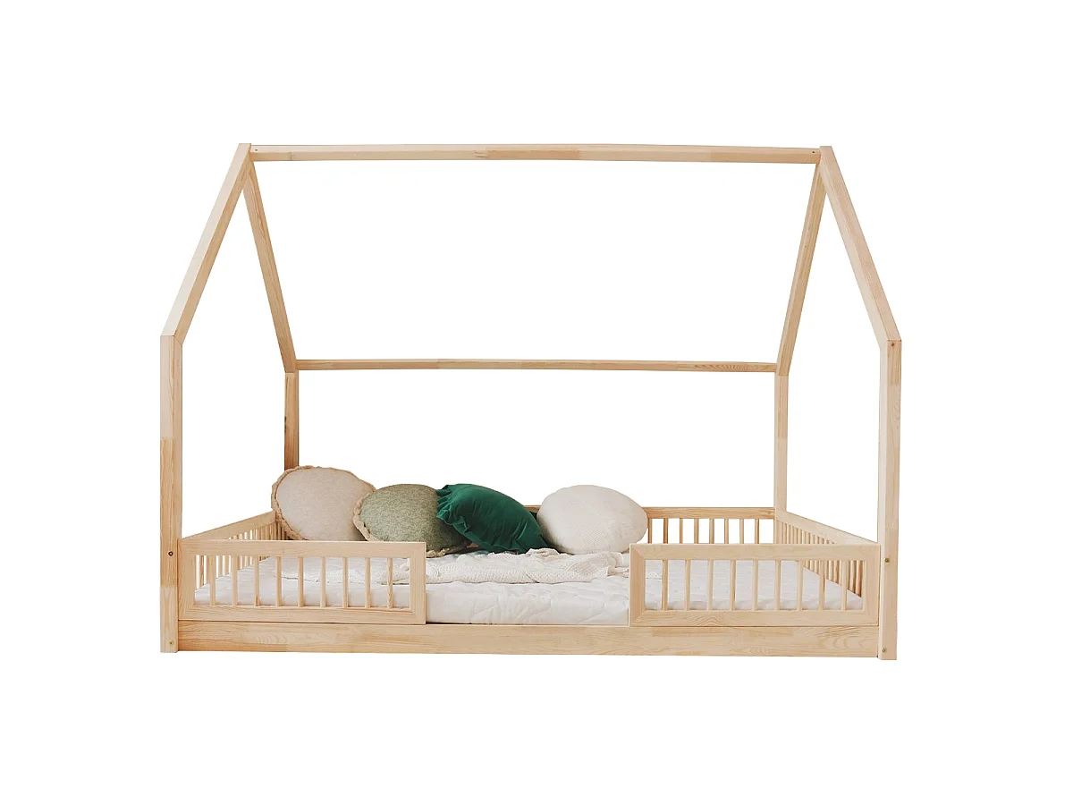 Lit cabane 140x200 barrières et sommier inclus pieds 1 cm Sofia Bois