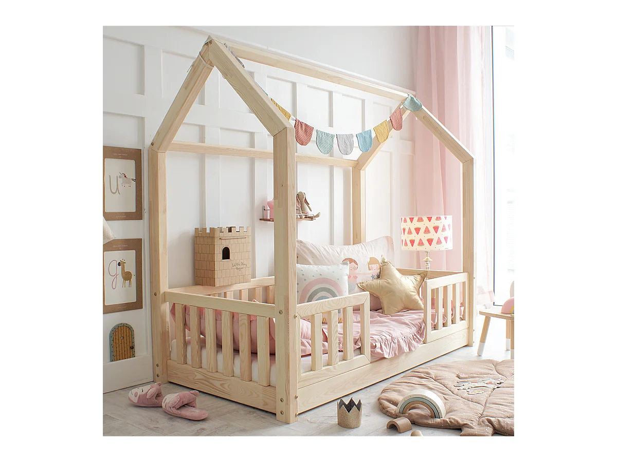 Cama cabaña 90x190 con barandilla y somier patas de 1 cm Daisy Madera