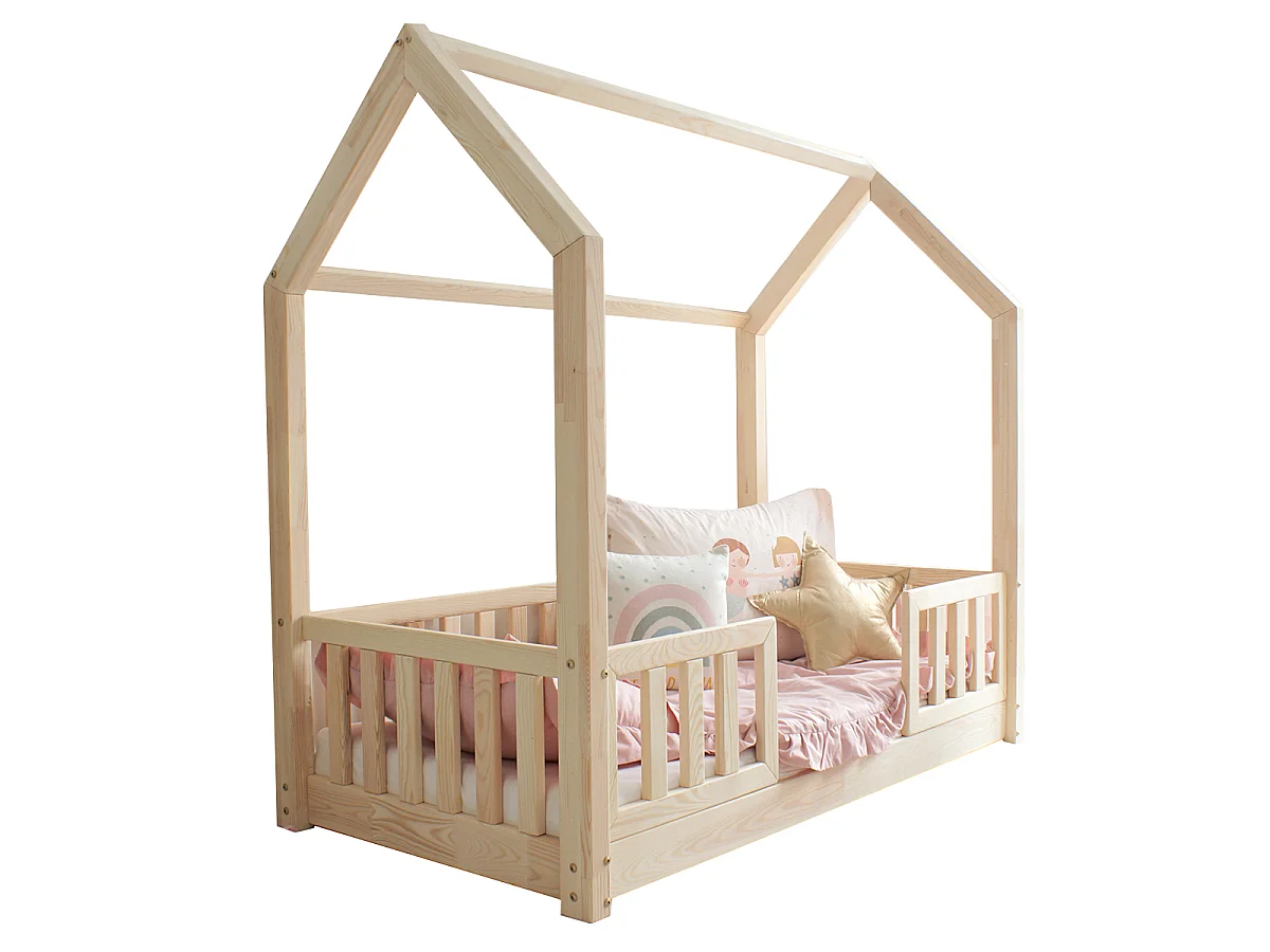 Cama cabaña 90x190 con barandilla y somier patas de 1 cm Daisy Madera