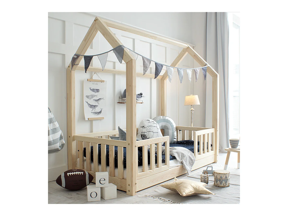 Cama cabaña 90x190 con barandilla y somier patas de 1 cm Daisy Madera