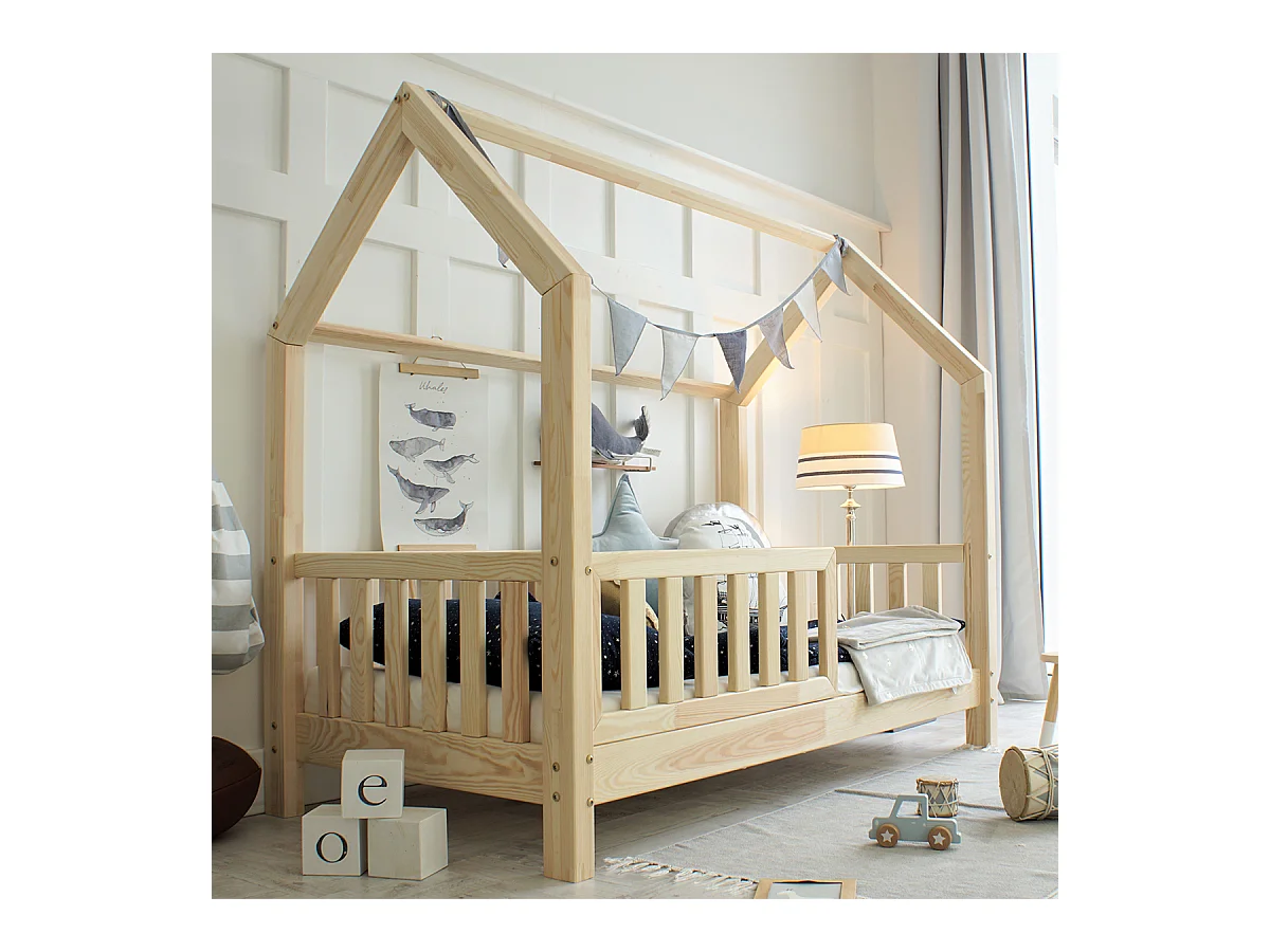 Lit cabane 90x200 barrière et sommier inclus pieds 10 cm Daisy Bois