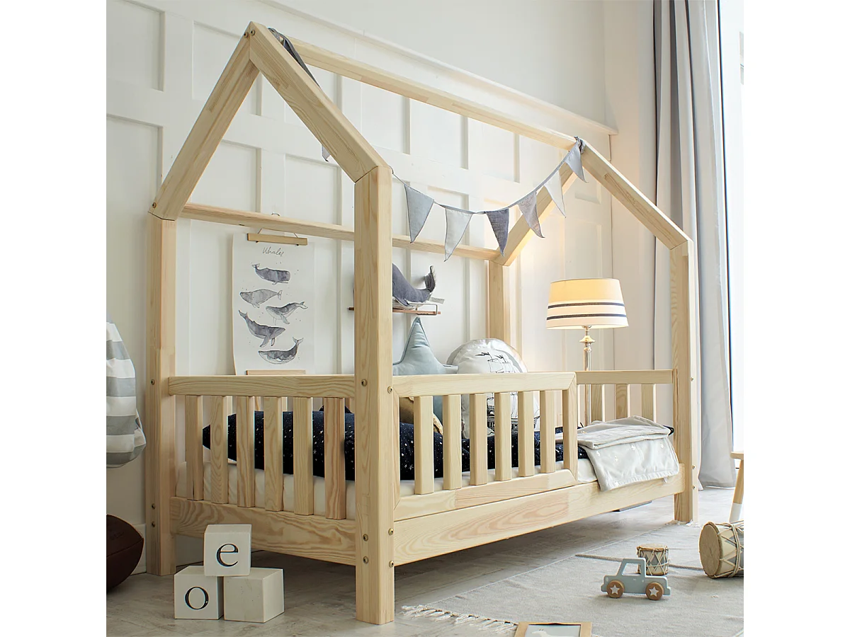 Lit cabane 90x200 barrière et sommier inclus pieds 10 cm Daisy Bois