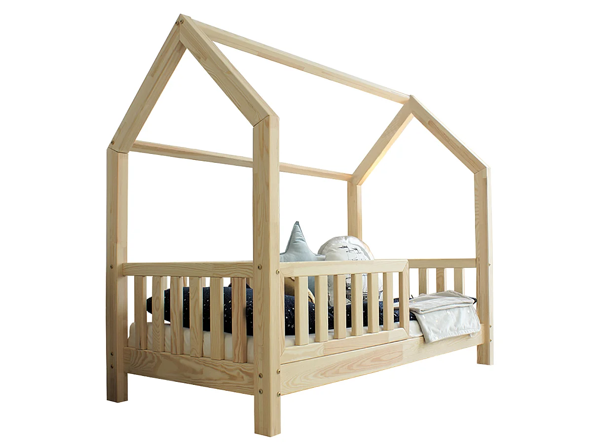 Lit cabane 90x200 barrière et sommier inclus pieds 10 cm Daisy Bois