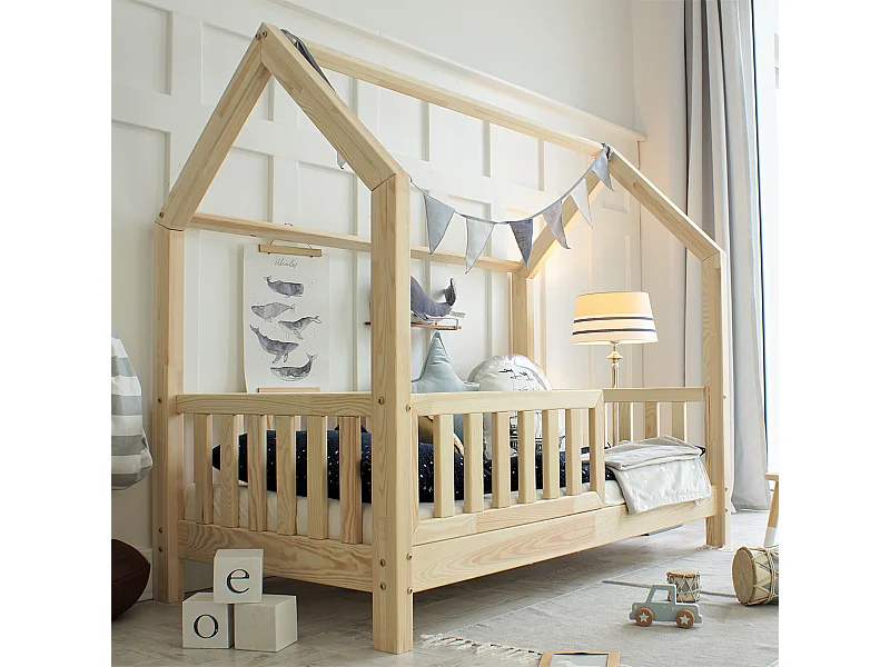 Cama cabaña 90x200 con barandilla y somier patas 10 cm Daisy Madera