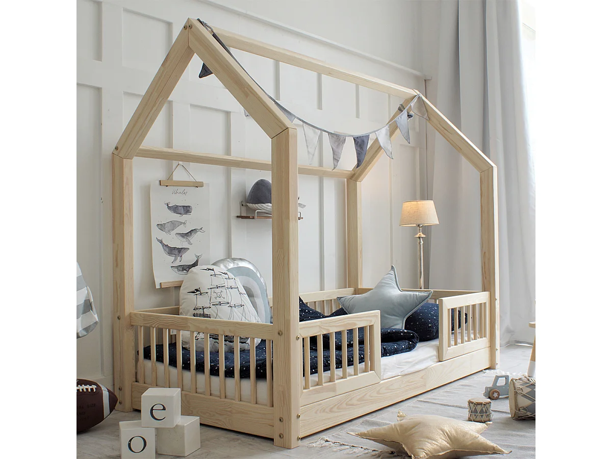 Cama cabaña 90x190 con barandilla y somier patas de 1 cm Sofia Madera