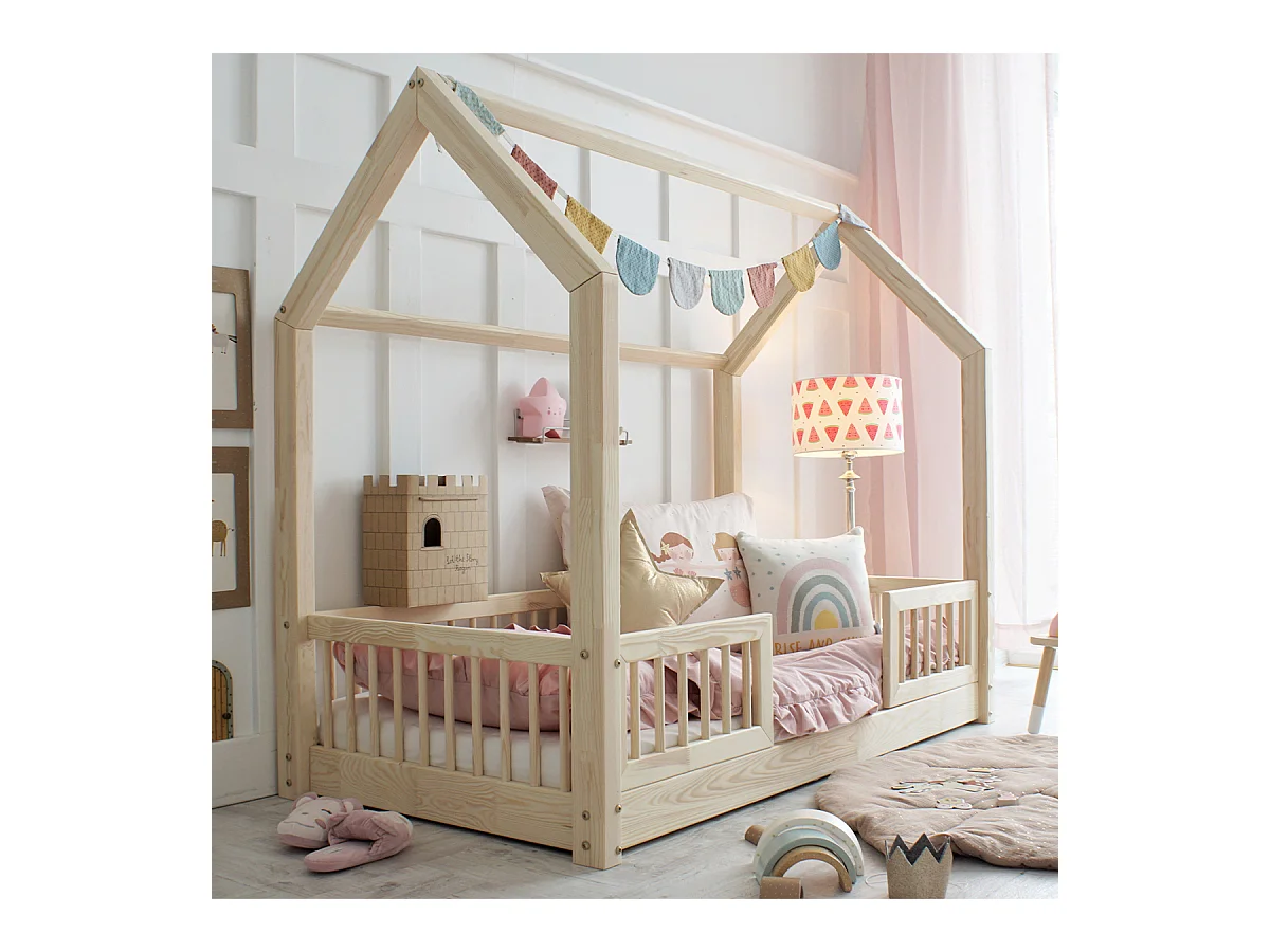 Lit cabane 90x190 barrières et sommier inclus pieds 1 cm Sofia Bois
