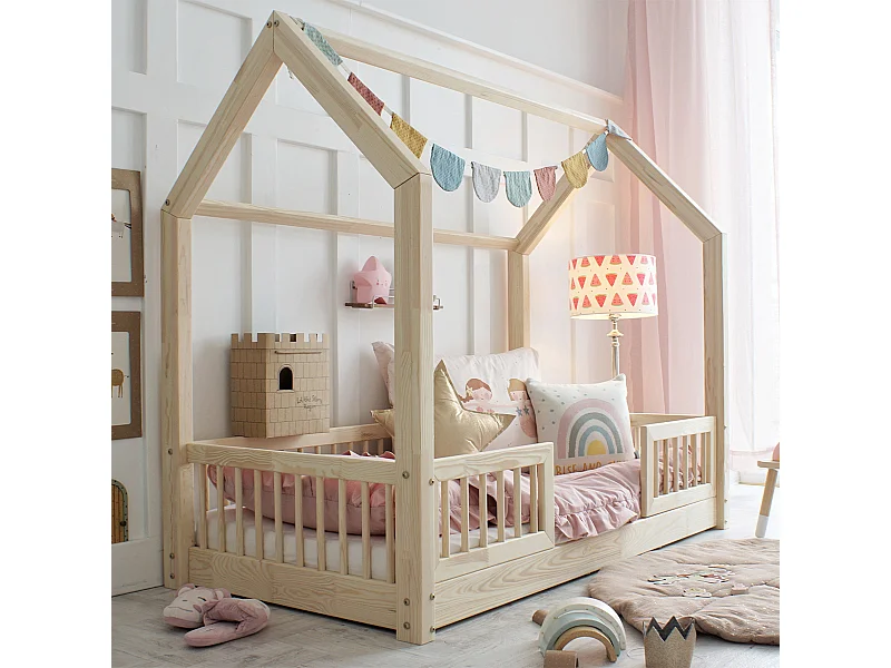 Cama cabaña 90x190 con barandilla y somier patas de 1 cm Sofia Madera