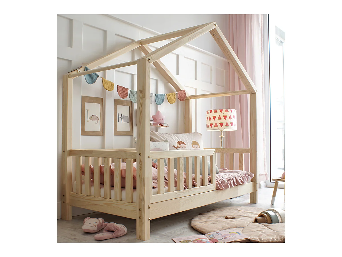 Lit cabane 90x200 barrière et sommier inclus pieds 10 cm Roxane Bois