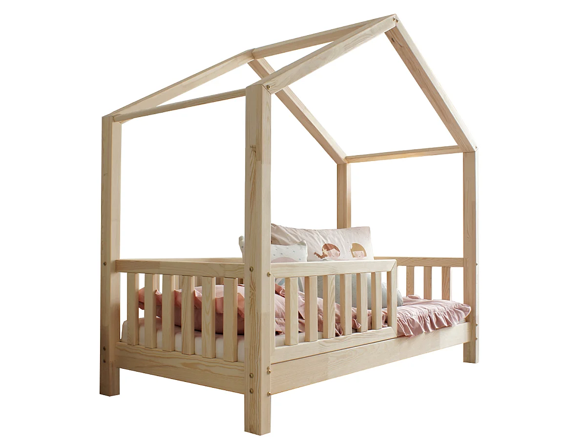 Lit cabane 90x200 barrière et sommier inclus pieds 10 cm Roxane Bois