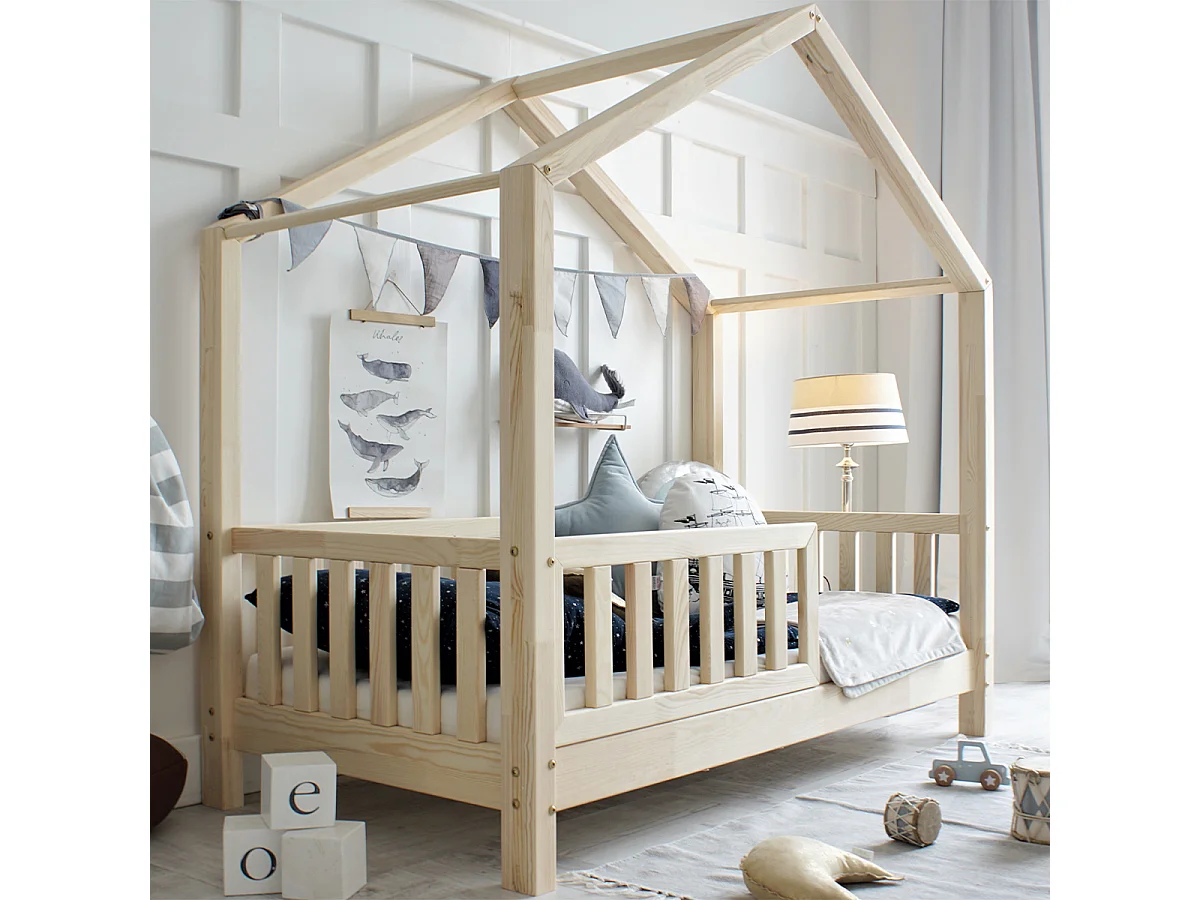 Lit cabane 90x200 barrière et sommier inclus pieds 10 cm Roxane Bois