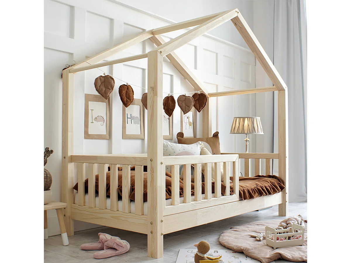 Lit cabane 90x200 barrière et sommier inclus pieds 10 cm Roxane Bois