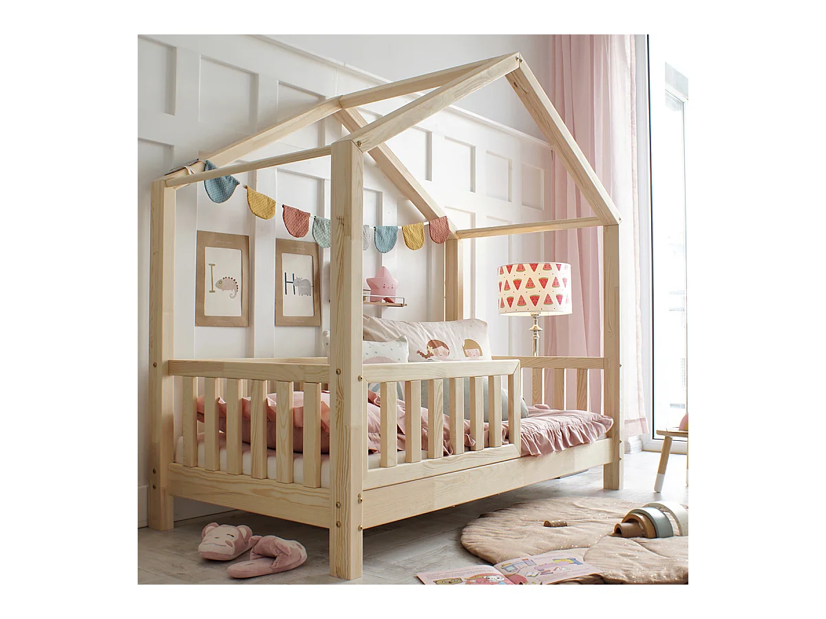 Lit cabane 90x190 barrière et sommier inclus pieds 10 cm Roxane Bois