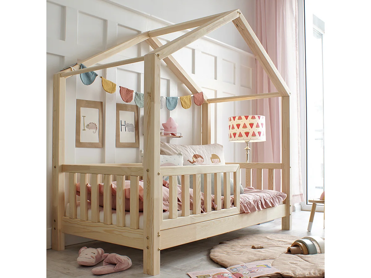 Lit cabane 90x190 barrière et sommier inclus pieds 10 cm Roxane Bois