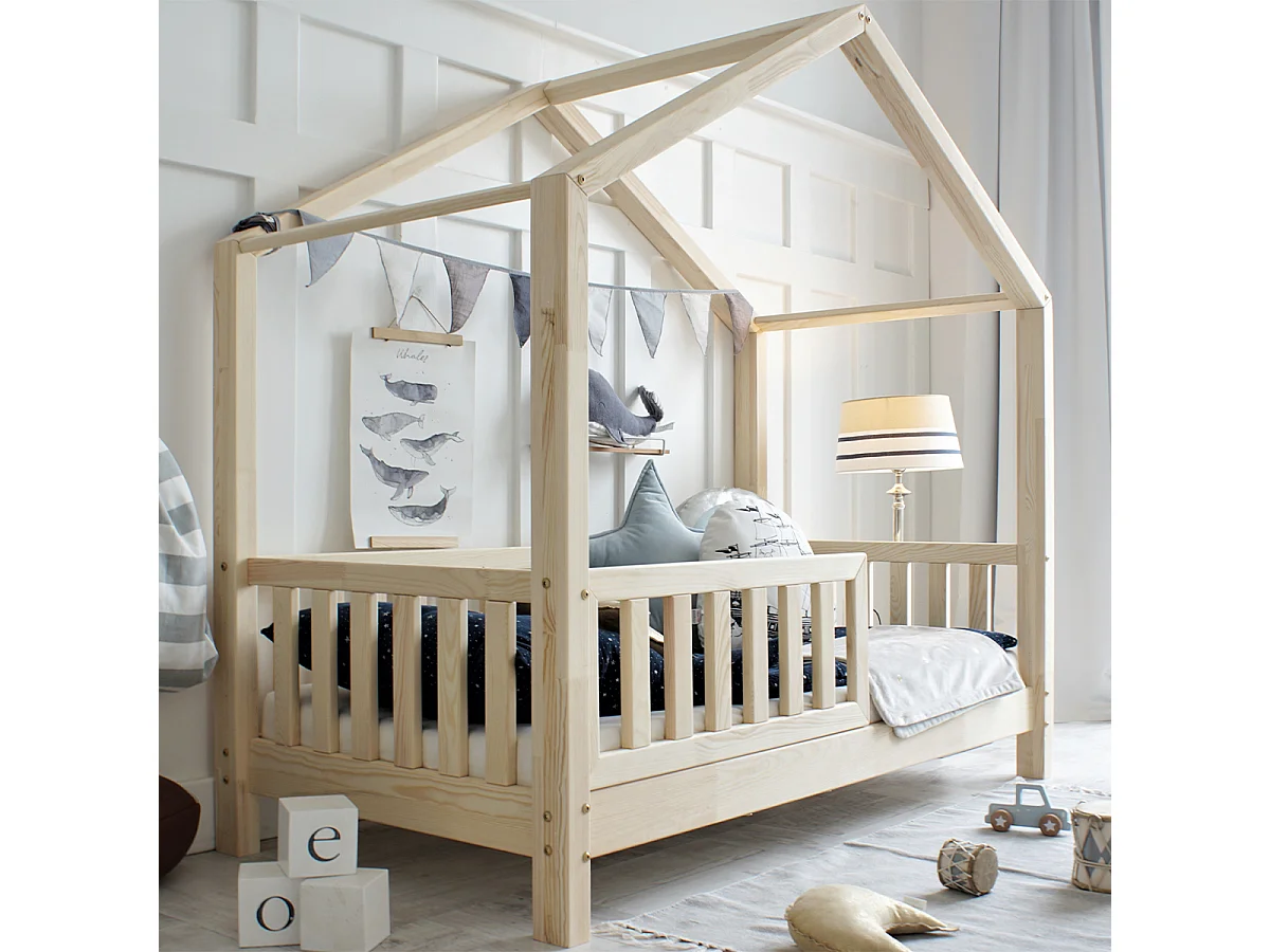 Lit cabane 90x190 barrière et sommier inclus pieds 10 cm Roxane Bois