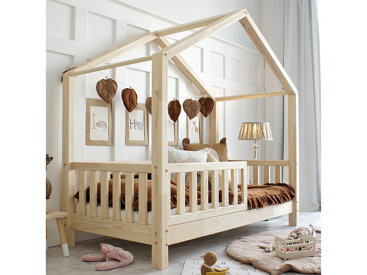Lit cabane 90x190 barrière et sommier inclus pieds 10 cm Roxane Bois