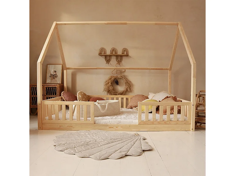 Lit cabane 140x200 barrières et sommier inclus pieds 1 cm Daisy Bois