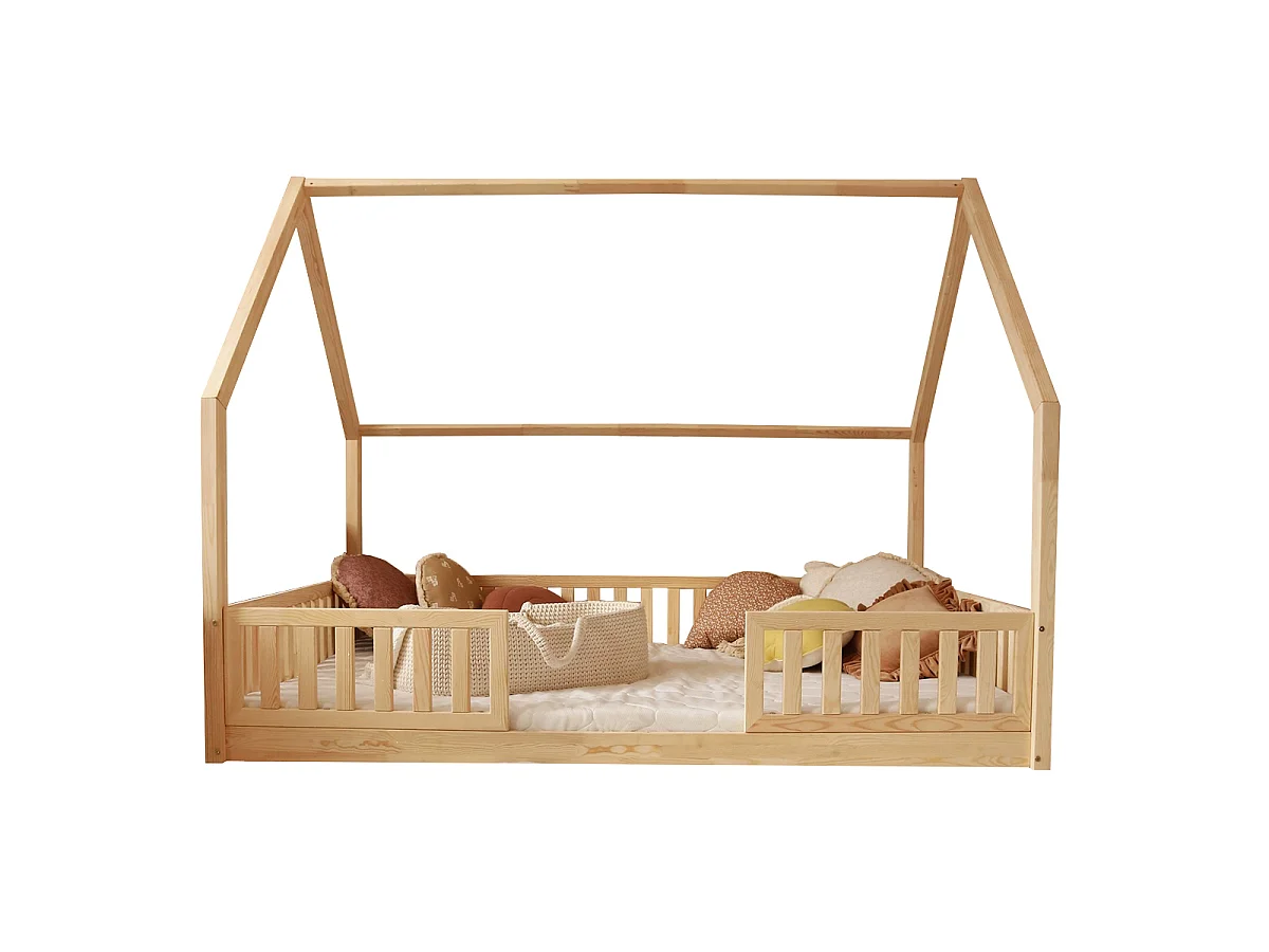 Lit cabane 140x200 barrières et sommier inclus pieds 1 cm Daisy Bois