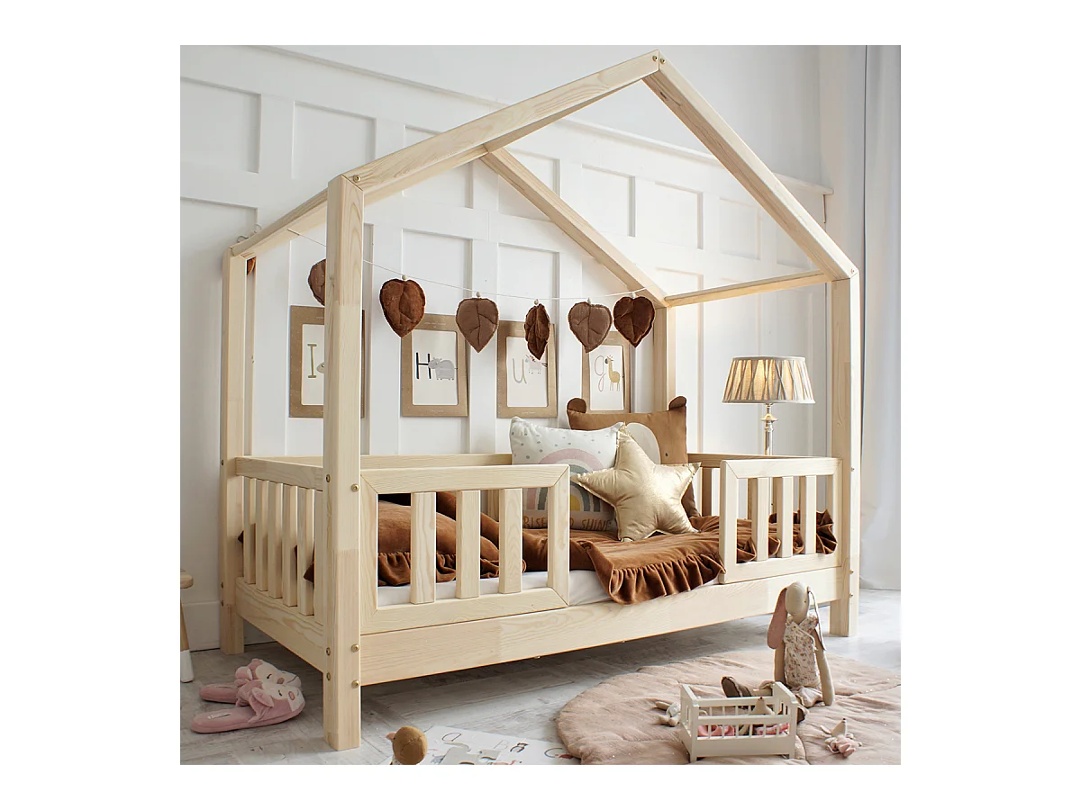 Lit cabane 90x190 barrières et sommier inclus pieds 10 cm Roxane Bois