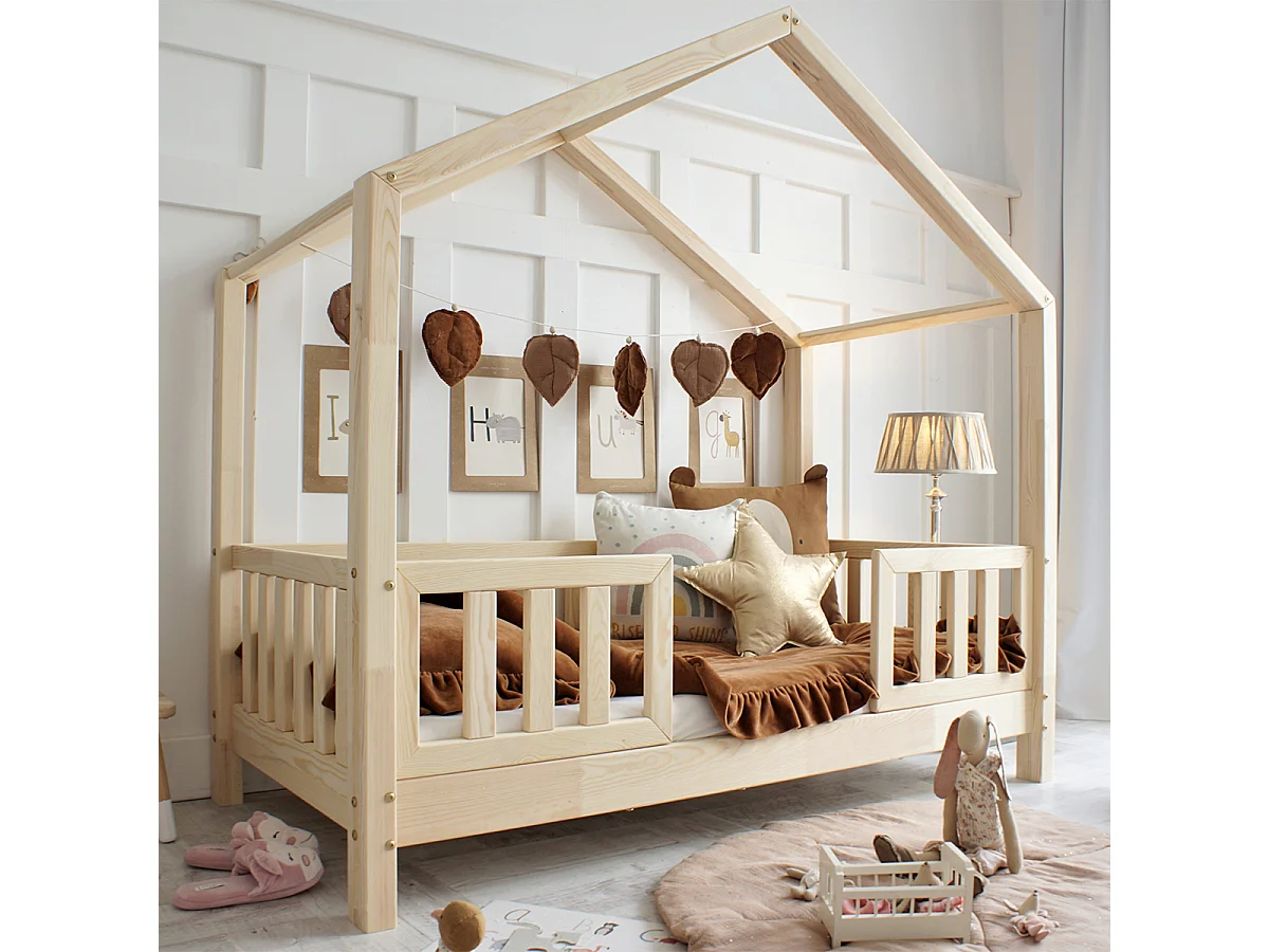 Lit cabane 90x190 barrières et sommier inclus pieds 10 cm Roxane Bois