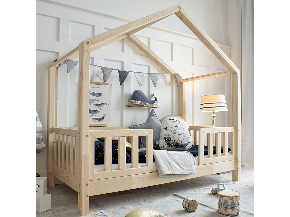 Lit cabane 90x190 barrières et sommier inclus pieds 10 cm Roxane Bois