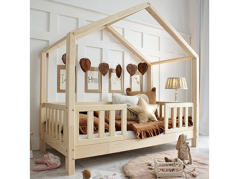 Cama cabaña 90x190 con barandillas y somier patas de 10 cm Roxane Madera