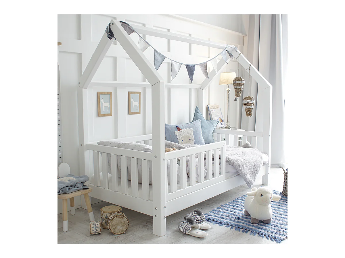 Lit cabane 90x200 barrière et sommier inclus pieds 10 cm Daisy Blanc